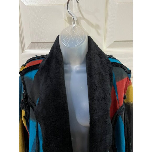 Adore Multicolor Patchwork Open Front Jacket With Faux Fur Trim Medium Polyester - Picture 5 of 7